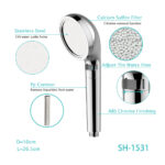 Detailed view of a handheld shower head with multi-layer filtration, stainless steel outlet, and chrome finish, highlighting its features for water purification.