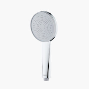 A silver handheld showerhead with a modern design and multiple small holes.