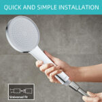 Hand installing showerhead with "QUICK & SIMPLE INSTALLATION" text and universal fit icon.