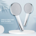 Two silver handheld showerheads on a light blue background with "Single Function Rain Shower" for eco-friendly water flow.