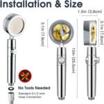 Diagram of a silver handheld shower head with dimensions: 10-inch length, 3.1-inch diameter, and 1.5-inch side attachment. Tool-free installation.