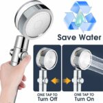 Hand holding a showerhead with on/off button. Illustrations show "One tap to turn off/on." Text reads "Save Water" with recycling and water drop icons.