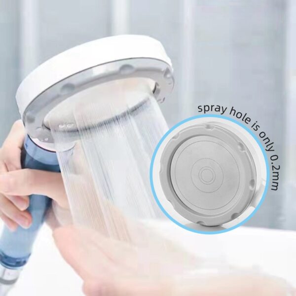 A hand holds a showerhead with fine water spray. An inset highlights 0.2mm spray holes.