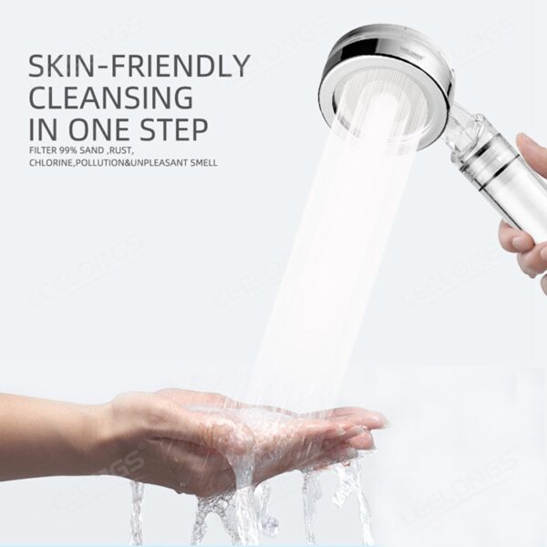 Showerhead spraying water onto a hand with text: "One-Step Skin-Friendly Cleansing. Filters 99% Sand, Rust, Chlorine, Pollution, Odors.