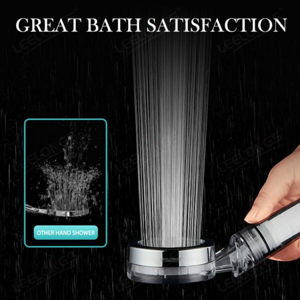 A hand holds a showerhead with water streaming, captioned "Great Bath Satisfaction." Inset image compares flow with "Other Hand Shower.