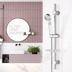 Modern bathroom with circular mirror, potted plant, toiletries shelf, and a sleek adjustable hand shower with minimalist design.