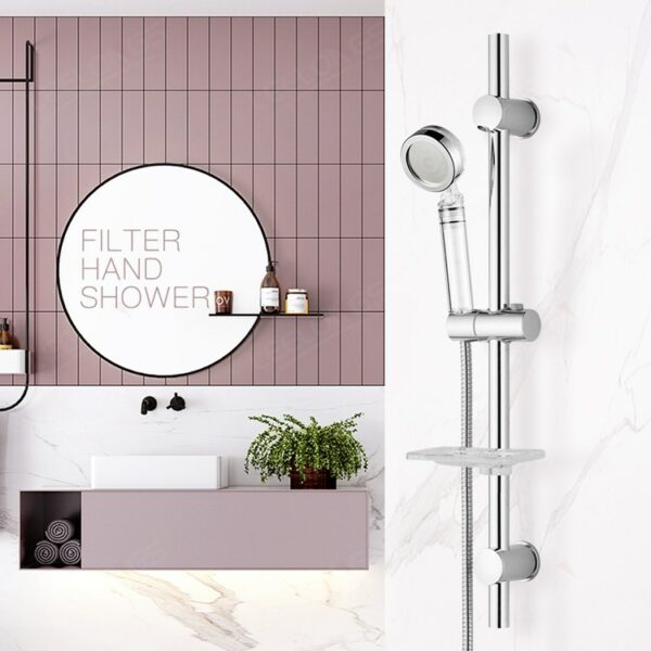 Modern bathroom with circular mirror, potted plant, toiletries shelf, and a sleek adjustable hand shower with minimalist design.