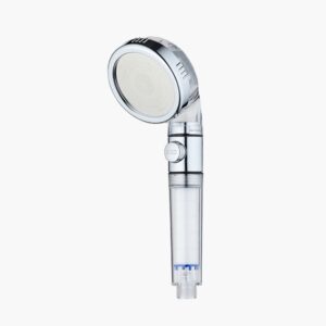 A handheld showerhead with a transparent handle, chrome finish, adjustable nozzle, and settings control button.