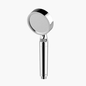 A chrome handheld shower head with a wide spray face and cylindrical handle, set against a white background.