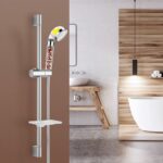 Modern bathroom with wall-mounted adjustable showerhead, freestanding tub, wooden sink console, and hanging light.