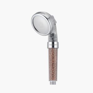 A showerhead with a clear beaded handle and chrome nozzle.