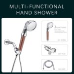 Image of a multi-functional hand shower with three modes: main spray, massage jets, and waterfall mist. Includes head, holder, hose, and codes.