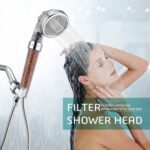 Woman showering with handheld filter. Text: "Filtered water protects your skin. FILTER SHOWER HEAD.