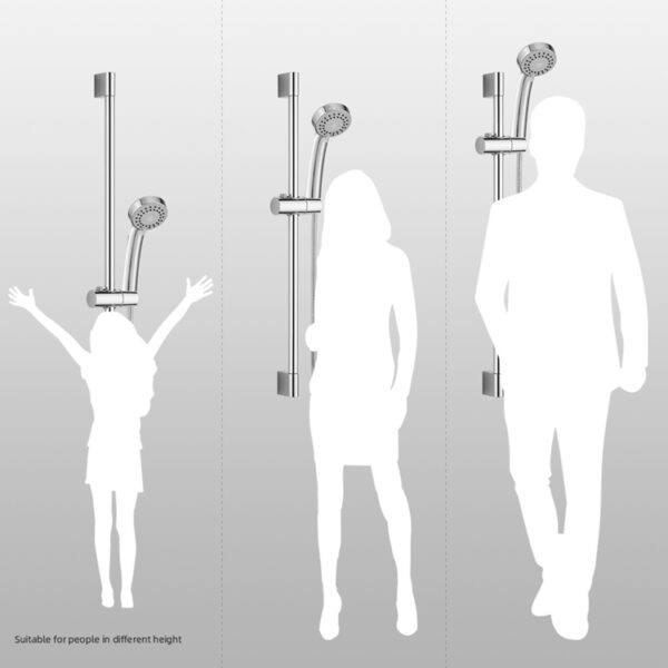 Silhouettes d'un enfant, d'une femme et d'un homme sous des pommes de douche réglables. Texte : « Convient à toutes les hauteurs.