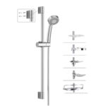 Silver handheld shower head with slide bar, multiple spray settings, soap dish, and mounting components.