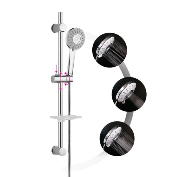 Chuveiro de mão ajustável com 3 padrões de jato, montado em barra vertical com suporte deslizante e mangueira acoplada.
