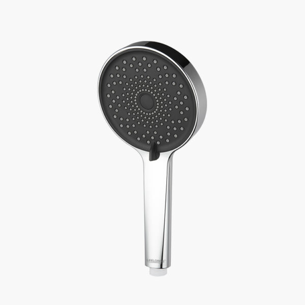 A chrome hand-held showerhead with a black round perforated face and single nozzle, isolated on white background.