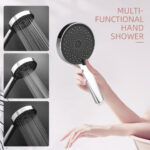 A person holds a hand shower with three spray patterns: full, jet, and mist. Displayed against a plain background with descriptive text.