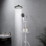 A modern shower with a round head, hand-held shower, shelves for shampoo and conditioner, and a sink in the background.