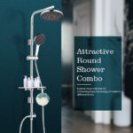 Round Shower Set: Modern combo with round head, handheld shower, and storage shelf. Explore new showering methods!