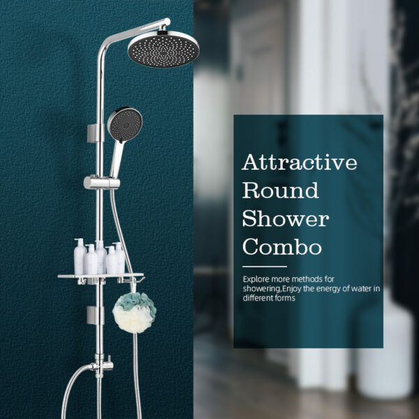 Round Shower Set: Modern combo with round head, handheld shower, and storage shelf. Explore new showering methods!