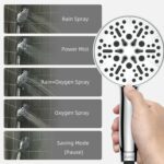 A hand holds a shower head showing settings: Rain, Power Mist, Rain+Oxygen, Oxygen Spray, and Saving Mode (Pause).