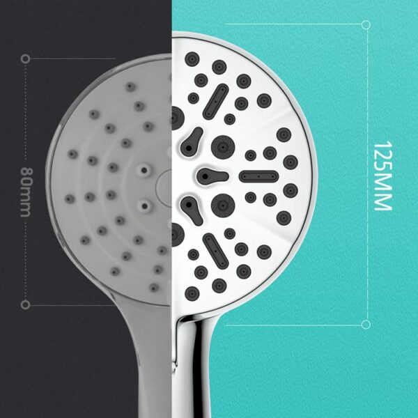 A split image of a showerhead: left side is 80mm (dark background); right side shows spray nozzle at 125mm (teal background).