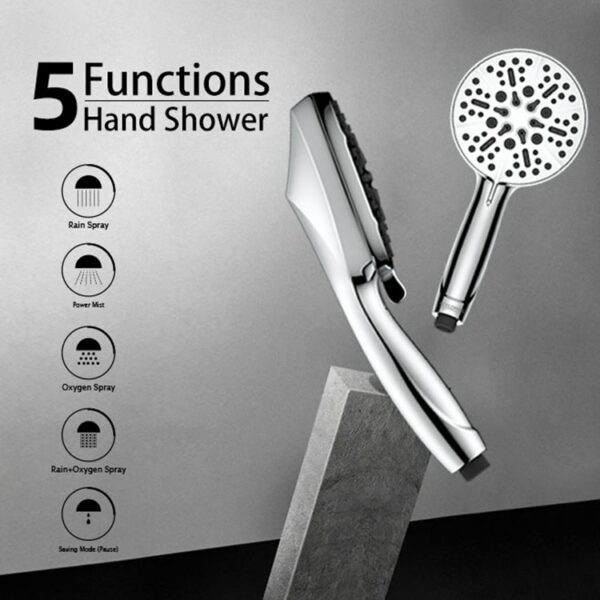 Handheld shower head with 5 functions: rain, power mix, power spray, oxygen, and rain-oxygen. Includes icons and two views of the shower head.