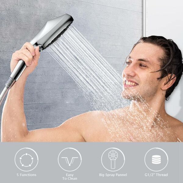 A person uses a handheld showerhead spray. Highlighted features: 5 functions, easy to clean, large spray panel, and 1/2" thread.