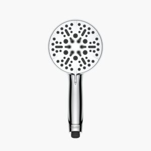 A handheld silver showerhead with a round face and multiple spray settings.