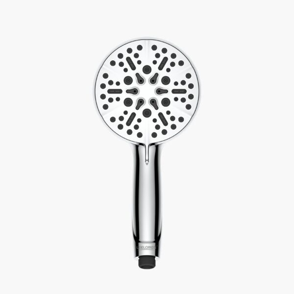 A handheld silver showerhead with a round face and multiple spray settings.