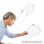 A person examines a tennis racket line drawing (260mm x 120mm), noting a possible measurement discrepancy.