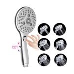 Silver handheld shower head with multiple spray settings, adjustable via handle button. Images display various spray patterns.