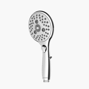 Chrome handheld showerhead with multiple spray nozzles and handle control switch.