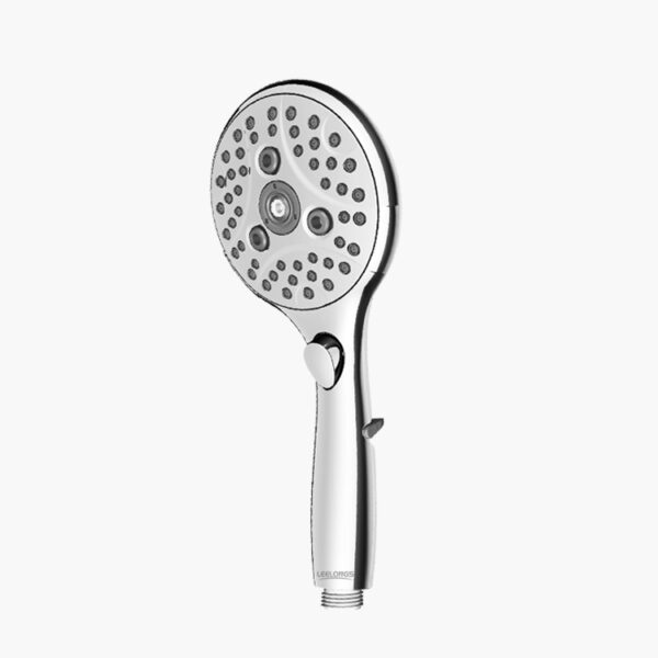 Chrome handheld showerhead with multiple spray nozzles and handle control switch.