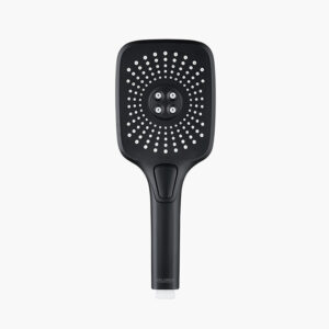 Black handheld showerhead with multiple nozzles in a circular pattern and a rectangular face.