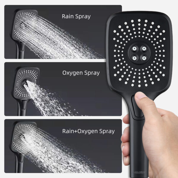 Hand holding a black shower head with three spray modes: Rain, Oxygen, and Rain+Oxygen.