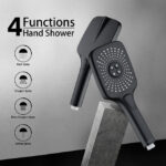 Black hand shower with 4 functions: rain, oxygen, rain-oxygen, and jetting spray. Two versions shown on a grey background with icons.