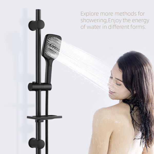 A woman with wet hair uses a handheld showerhead under a wall-mounted system. Text reads: "Explore more ways to shower.