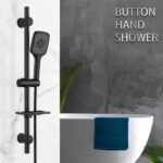 A black hand shower on a rail beside a white tub with a blue towel; text on the wall reads "BUTTON HAND SHOWER.