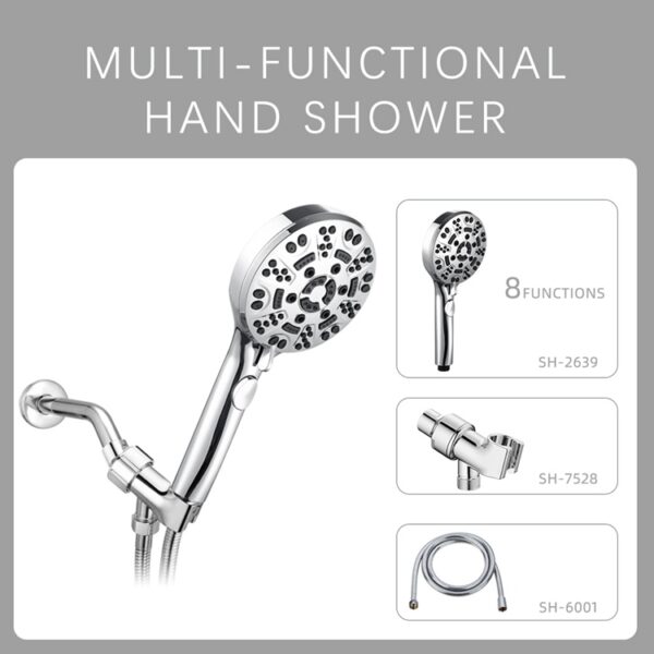 Chroom multifunctionele handdouche met 8 straalsoorten. Inclusief SH-2639-, SH-752B- en SH-6001-modelafbeeldingen.