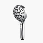 A silver handheld showerhead with multiple nozzles and an adjustable lever.