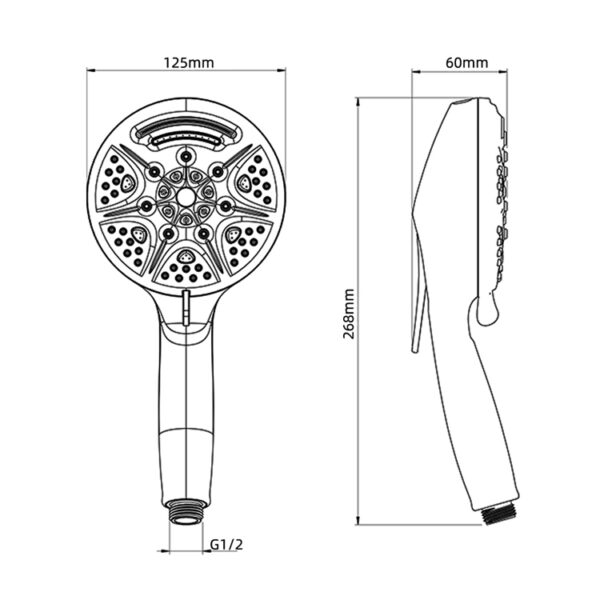 Schéma d'une pomme de douche à main : 125 mm de large, 60 mm de profondeur, 288 mm de haut, avec raccord G1/2.