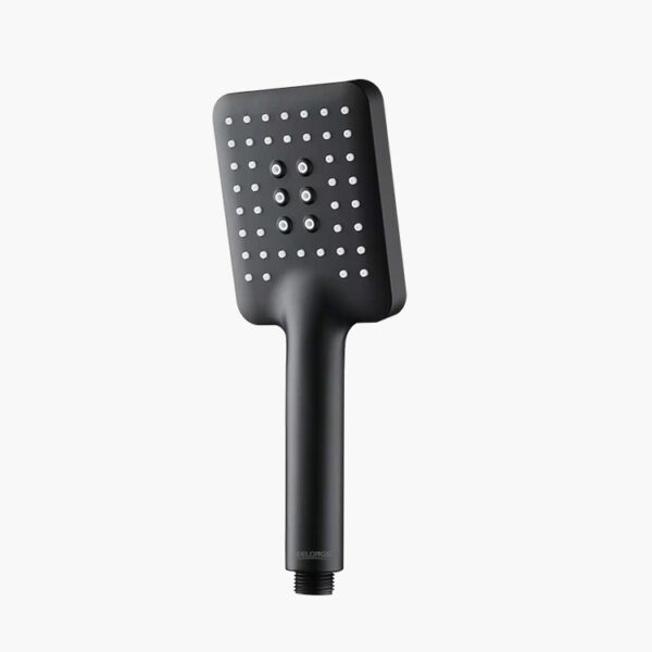 Black rectangular showerhead with small holes and an ergonomic handle, displayed on a plain white background.