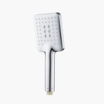 A handheld shower head with a rectangular face and multiple spray holes is shown against a white background.