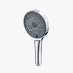 A chrome handheld shower head with a circular face and multiple spray nozzles. The handle is smooth and reflective.