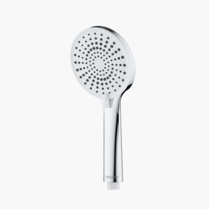 A chrome handheld shower head with a circular, perforated face against a white background.