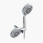 Dual showerheads with adjustable settings on a chrome holder and hose.