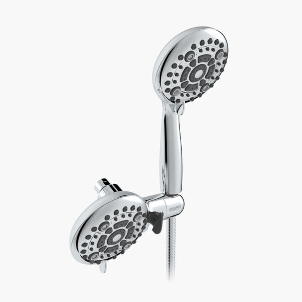 Dual showerheads with adjustable settings on a chrome holder and hose.