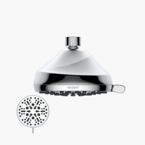 Chrome showerhead with multiple spray nozzles and adjustable lever. Inset image shows nozzle details.